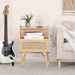 Boho Rattan Nightstand with Drawer and Shelf