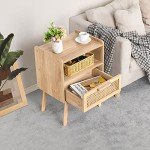 Boho Rattan Nightstand with Drawer and Shelf