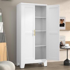 Metal Pantry Cabinet with Adjustable Shelves and Gold Handles