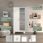 Metal Pantry Cabinet with Adjustable Shelves and Gold Handles
