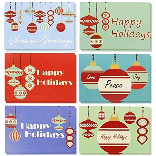 36-Pack Merry Christmas Greeting Cards Bulk Box Set - Retro Inspired Winter Holiday Xmas Greeting Cards with Festive Christmas Ornament Designs, Envelopes Included, 4 x 6 Inches