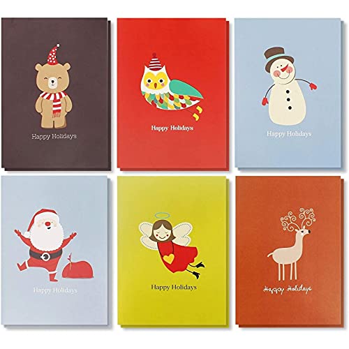 Assorted Holiday Christmas Greeting Cards - Festive Classic Character Designs: Santa, Snowman, Reindeer - Multicolor - 48 Pack with Envelopes - 4 x 6 Inches