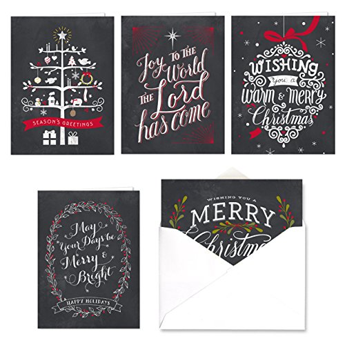 Celebrate the Season Chalkboard Christmas Card Assortment Pack / 25 Greeting Cards Set / 5 Holiday Designs Versed Inside With White Envelopes