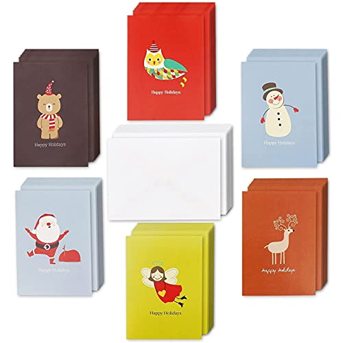 Assorted Holiday Christmas Greeting Cards - Festive Classic Character Designs: Santa, Snowman, Reindeer - Multicolor - 48 Pack with Envelopes - 4 x 6 Inches