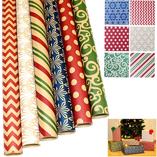 6 Rolls Kraft Gift Wrapping Paper (30 " X 156 ") for Holiday Xmas Gift Wrap, Gift Wrapping ChristmasDecoration, Birthday Gift, Wedding and Party Favors