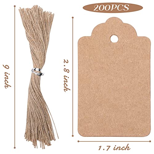 200pcs Kraft Paper Gift Tags with Free 200 Root Natural Jute Twine, Blank Gift Bags Tags Price Tags（Brown Water Ripple）