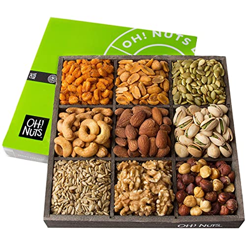 Oh! Nuts 9 Variety Mixed Nuts Gift Basket | Freshly Roasted Healthy Gourmet Holiday Snack Gift | Premium Wood Food Basket for Men, Women, Birthday, Anniversary, Corporate Tray