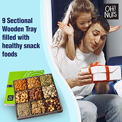 Oh! Nuts 9 Variety Mixed Nuts Gift Basket | Freshly Roasted Healthy Gourmet Holiday Snack Gift | Premium Wood Food Basket for Men, Women, Birthday, Anniversary, Corporate Tray