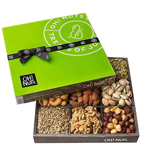 Oh! Nuts 9 Variety Mixed Nuts Gift Basket | Freshly Roasted Healthy Gourmet Holiday Snack Gift | Premium Wood Food Basket for Men, Women, Birthday, Anniversary, Corporate Tray