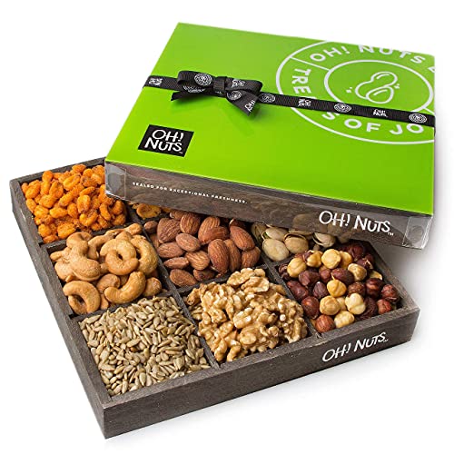 Oh! Nuts 9 Variety Mixed Nuts Gift Basket | Freshly Roasted Healthy Gourmet Holiday Snack Gift | Premium Wood Food Basket for Men, Women, Birthday, Anniversary, Corporate Tray
