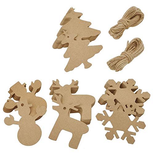 100 PCS Christmas Kraft Paper Tags Gift Tags Snowman, Snowflake, Reindeer and Christmas Tree Design for Christmas Gift,DIY and Wedding
