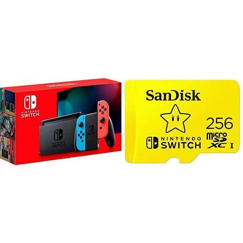 Nintendo Switch with Neon Blue and Neon Red Joy‑Con - HAC-001(-01) + SanDisk 256GB MicroSDXC UHS-I Card