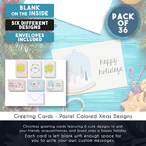 36-Pack Merry Christmas Greeting Cards Bulk Box Set - Winter Holiday Xmas Greeting Cards with Pastel Colored Designs, Envelopes Included, 4 x 6 Inches