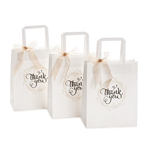 OSpecks 50 Pcs Count Wedding Gift Bags, Medium Size Bags 8 x 4.75 x 10 inch Thank You Paper Bags, Premium White Kraft Paper Bags with Handle for Weddings, Receptions, Business, Parties, Craft Fairs and Events