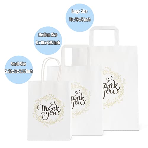 OSpecks 50 Pcs Count Wedding Gift Bags, Medium Size Bags 8 x 4.75 x 10 inch Thank You Paper Bags, Premium White Kraft Paper Bags with Handle for Weddings, Receptions, Business, Parties, Craft Fairs and Events