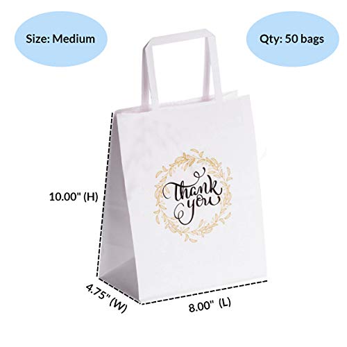 OSpecks 50 Pcs Count Wedding Gift Bags, Medium Size Bags 8 x 4.75 x 10 inch Thank You Paper Bags, Premium White Kraft Paper Bags with Handle for Weddings, Receptions, Business, Parties, Craft Fairs and Events