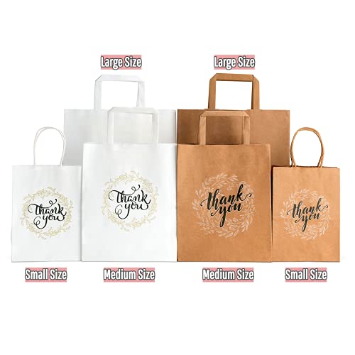 OSpecks 50 Pcs Count Wedding Gift Bags, Medium Size Bags 8 x 4.75 x 10 inch Thank You Paper Bags, Premium White Kraft Paper Bags with Handle for Weddings, Receptions, Business, Parties, Craft Fairs and Events