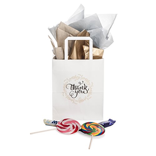OSpecks 50 Pcs Count Wedding Gift Bags, Medium Size Bags 8 x 4.75 x 10 inch Thank You Paper Bags, Premium White Kraft Paper Bags with Handle for Weddings, Receptions, Business, Parties, Craft Fairs and Events