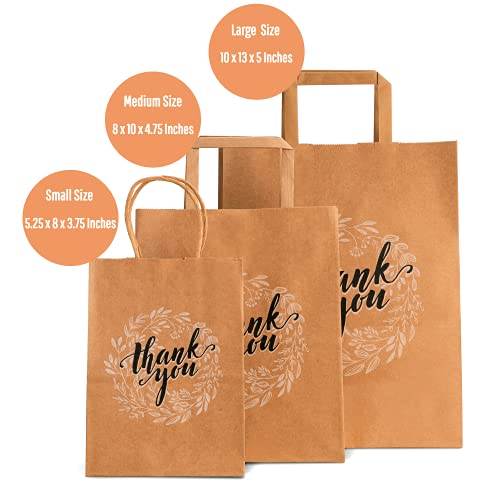 OSpecks 50 Count Small Thank You Gift Bags Bulk with Handles, White and Brown Kraft Paper Bags for Retail Shopping, Wedding, Goodies, Merchandise for Customers