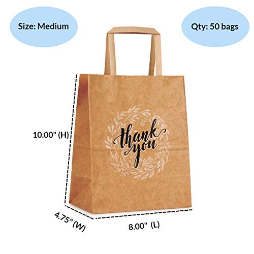 OSpecks 50 Count Small Thank You Gift Bags Bulk with Handles, White and Brown Kraft Paper Bags for Retail Shopping, Wedding, Goodies, Merchandise for Customers