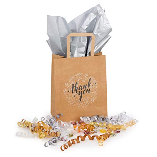 OSpecks 50 Count Small Thank You Gift Bags Bulk with Handles, White and Brown Kraft Paper Bags for Retail Shopping, Wedding, Goodies, Merchandise for Customers