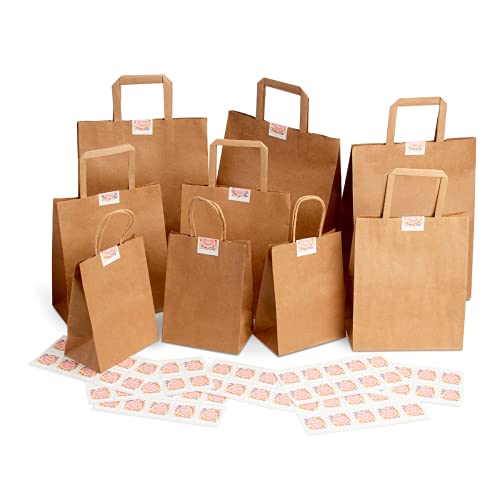 OSpecks 50 Count Small Thank You Gift Bags Bulk with Handles, White and Brown Kraft Paper Bags for Retail Shopping, Wedding, Goodies, Merchandise for Customers
