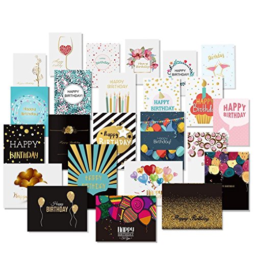 Unomor Happy Birthday Cards with Gold Embellishments Design and 26 Envelopes 24 Birthday Greeting Cards Assorted - 18 Birthday Wishes Printed