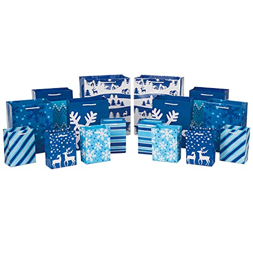 Image Arts Holiday Gift Bag Assortment, Blue and White Patterns (Pack of 16)