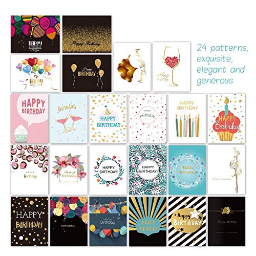 Unomor Happy Birthday Cards with Gold Embellishments Design and 26 Envelopes 24 Birthday Greeting Cards Assorted - 18 Birthday Wishes Printed