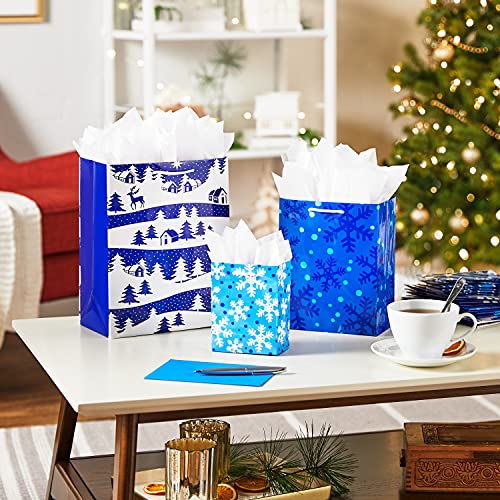 Image Arts Holiday Gift Bag Assortment, Blue and White Patterns (Pack of 16)