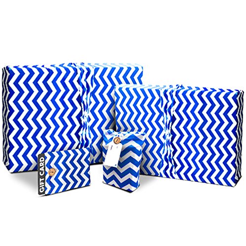 Birthday Royal Blue Chevron Gift Wrap Pack - Reusable Wrapping Paper (Use as Gift Bags too) - For Birthdays and All Occasions - Stretchy Fabric and Eco Friendly - 4 Items (2 Med, 2 Gift Card Holders)