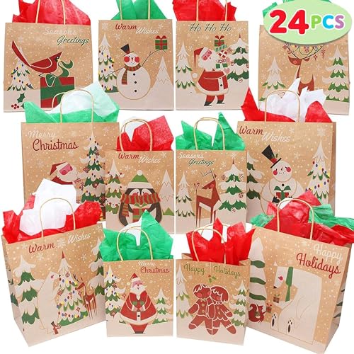 JOYIN 24 PCS Christmas Kraft Gift Bags with Assorted Christmas Prints for Kraft Holiday Gift Bags, Christmas Goody Bags, Xmas Gift Bags, School Classrooms and Party Favors (not included tissue paper)