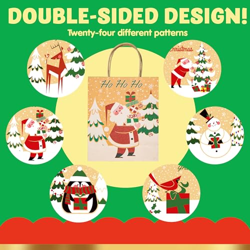 JOYIN 24 PCS Christmas Kraft Gift Bags with Assorted Christmas Prints for Kraft Holiday Gift Bags, Christmas Goody Bags, Xmas Gift Bags, School Classrooms and Party Favors (not included tissue paper)