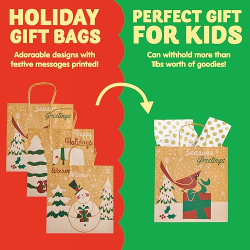 JOYIN 24 PCS Christmas Kraft Gift Bags with Assorted Christmas Prints for Kraft Holiday Gift Bags, Christmas Goody Bags, Xmas Gift Bags, School Classrooms and Party Favors (not included tissue paper)