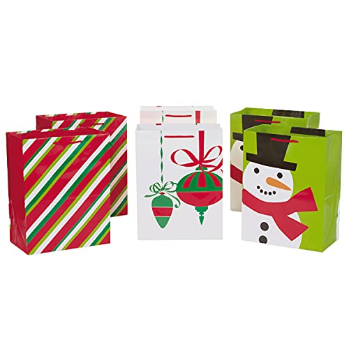 Image Arts 11" Large Holiday Gift Bag Bundle (Pack of 6; Snowman, Ornaments, Stripes)