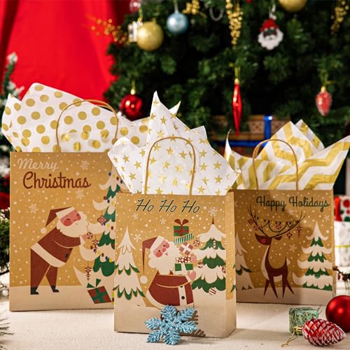 JOYIN 24 PCS Christmas Kraft Gift Bags with Assorted Christmas Prints for Kraft Holiday Gift Bags, Christmas Goody Bags, Xmas Gift Bags, School Classrooms and Party Favors (not included tissue paper)