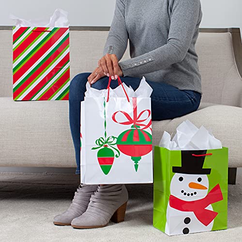 Image Arts 11" Large Holiday Gift Bag Bundle (Pack of 6; Snowman, Ornaments, Stripes)