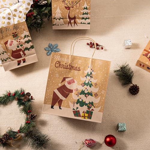 JOYIN 24 PCS Christmas Kraft Gift Bags with Assorted Christmas Prints for Kraft Holiday Gift Bags, Christmas Goody Bags, Xmas Gift Bags, School Classrooms and Party Favors (not included tissue paper)