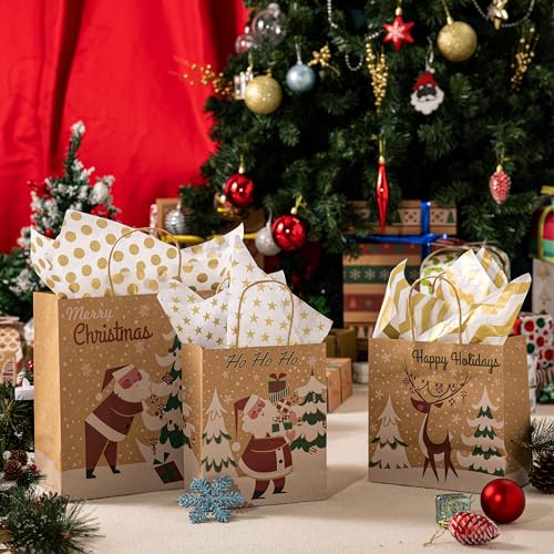 JOYIN 24 PCS Christmas Kraft Gift Bags with Assorted Christmas Prints for Kraft Holiday Gift Bags, Christmas Goody Bags, Xmas Gift Bags, School Classrooms and Party Favors (not included tissue paper)