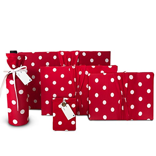 Wrapeez Gift Wrap – Quick & Easy Present Wrapping With Built-in Bows – Stretchable Reusable/Eco-Friendly Fabric Fits All Shapes & Sizes – Perfect for On-The-Go – No Scissors/Tape Needed (Red Dots, 5 Pack)