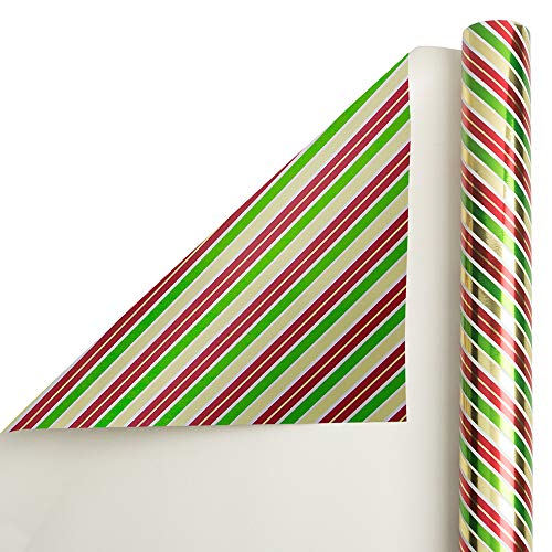 JAM PAPER Gift Wrap - Christmas Foil Wrapping Paper - 25 Sq Ft - Gold, Red & Green Stripes - Roll Sold Individually