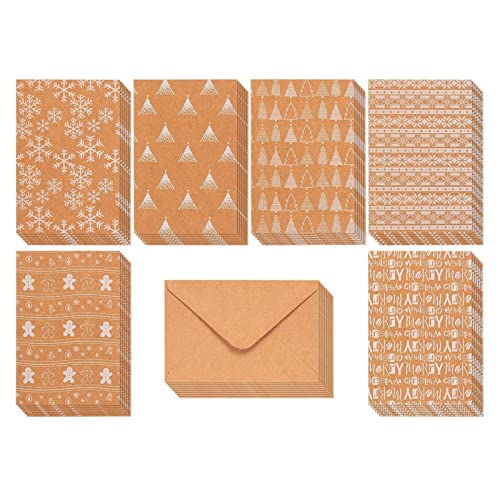 36 Pack Kraft Christmas Greeting Cards with Envelopes, 6 Winter Holiday Designs (4x6 In)