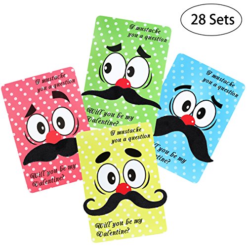 Unomor Valentine Card Pack Including 28 Valentines Day Cards,28 Funny Mustaches and 28 Envelopes