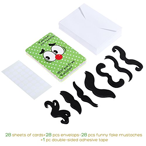 Unomor Valentine Card Pack Including 28 Valentines Day Cards,28 Funny Mustaches and 28 Envelopes