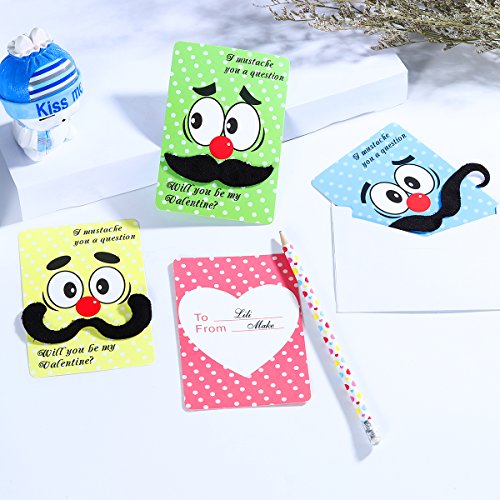 Unomor Valentine Card Pack Including 28 Valentines Day Cards,28 Funny Mustaches and 28 Envelopes