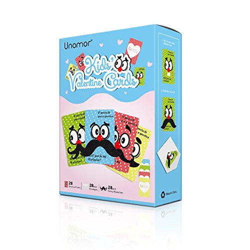 Unomor Valentine Card Pack Including 28 Valentines Day Cards,28 Funny Mustaches and 28 Envelopes
