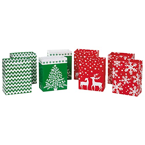Hallmark "Image Arts 8"" Medium Holiday Gift Bag Bundle, Reindeer, Snowflakes (Pack of 8; Red, Green, White)" (5EGB5771)