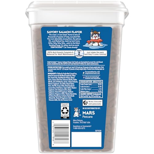 TEMPTATIONS Classic Crunchy and Soft Cat Treats Savory Salmon Flavor, 30 oz. Tub, Makes a Great Holiday Cat Treat