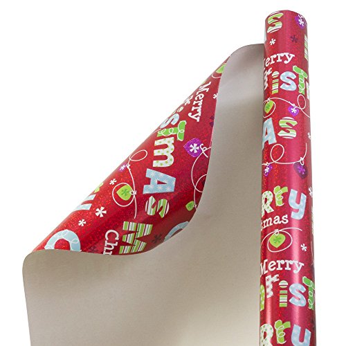JAM PAPER Gift Wrap - Christmas Wrapping Paper - 25 Sq Ft - Holographic Red with Merry Christmas - Roll Sold Individually