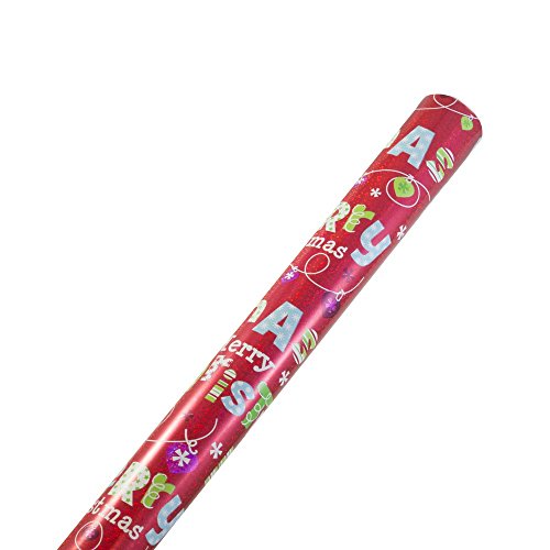 JAM PAPER Gift Wrap - Christmas Wrapping Paper - 25 Sq Ft - Holographic Red with Merry Christmas - Roll Sold Individually